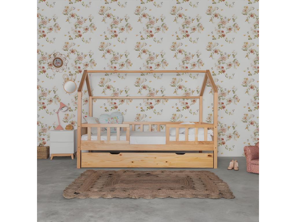 Pine Wood Cabin Bed With Guard Rails And Folding Legs 90x190cm Beige Finish For Kids And Guest Rooms