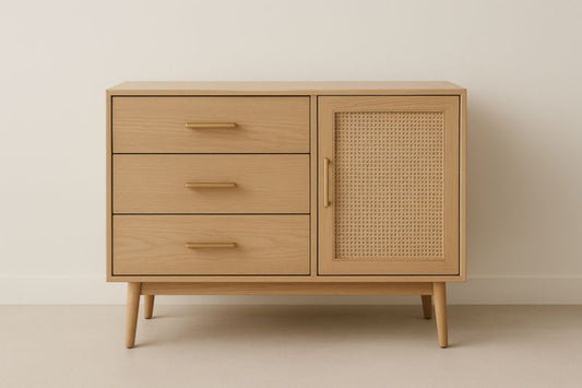 OakRattan Buffet With Three Drawers Natural Oak Finish Cane Panel Front Solid Wood