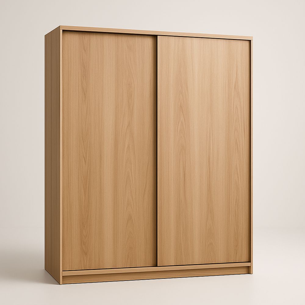 Light Oak Particle Board Sliding Door Wardrobe Contemporary Space Saving Closet Bedroom Storage