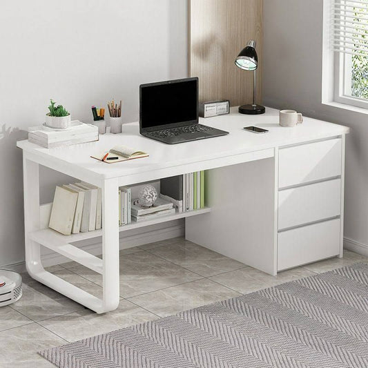 White Chalk Finish Rectangular Wooden Desk With Drawers And Shelf 39L