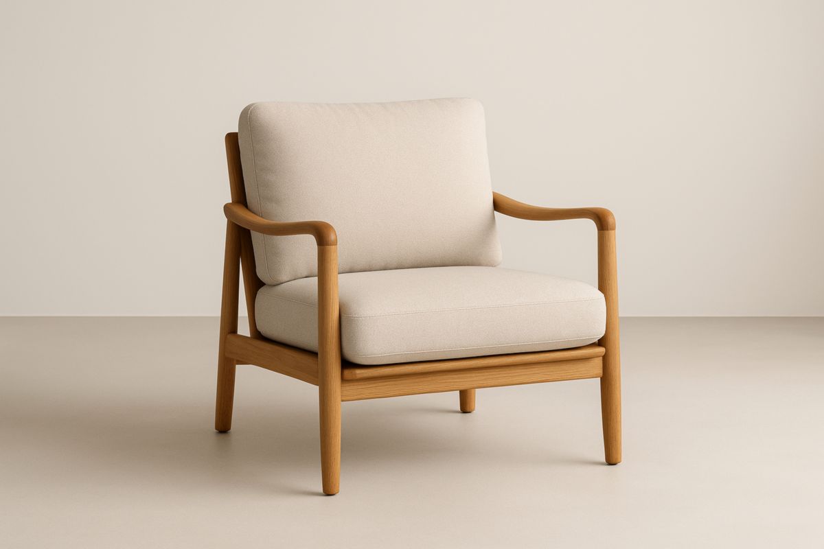 Beige Fabric Lounge Chair With Solid Oak Frame For Living Room Modern Decor And Easy Care