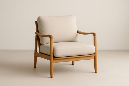 Beige Fabric Lounge Chair With Solid Oak Frame For Living Room Modern Decor And Easy Care