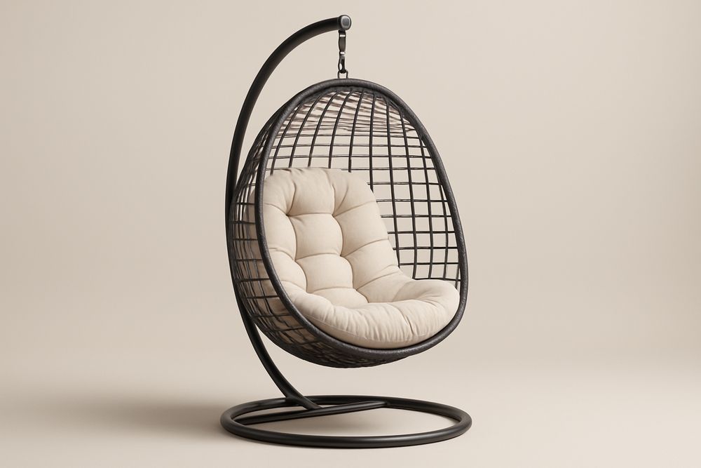 Steel Hanging Chair With Polyrattan Seat And Cotton Cushion Black Beige 195cm High 90cm Diameter