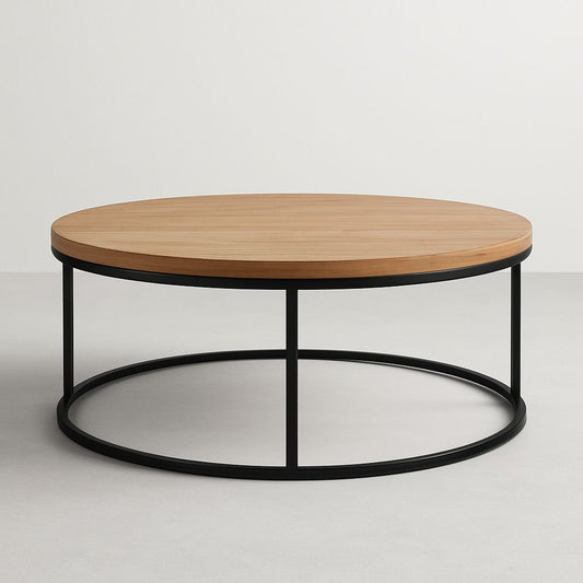 Oak Veneer Round Coffee Table With Black Metal Frame 90 Cm
