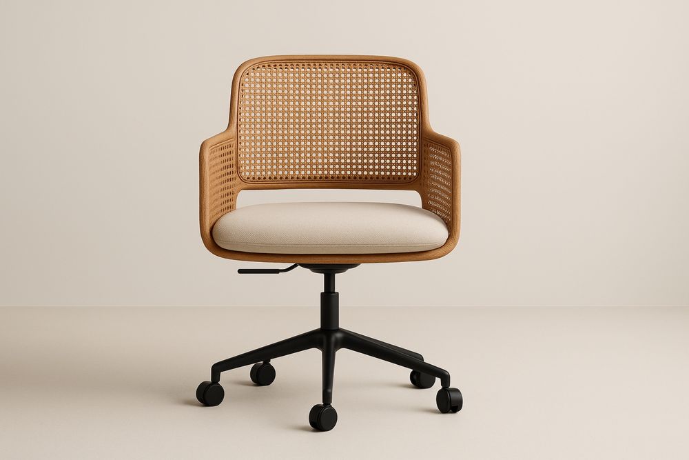 Rattan Swivel Office Chair With Beige Polyester Fabric Seat And Black Steel Base