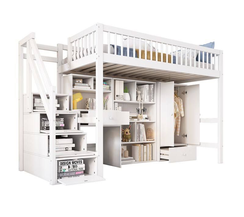 Kids Loft Bed 90x200 Solid Wood And MDF With Built In Desk And Staircase Wardrobe