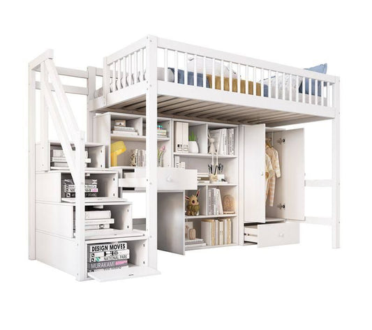 Kids Loft Bed 90x200 Solid Wood And MDF With Built In Desk And Staircase Wardrobe