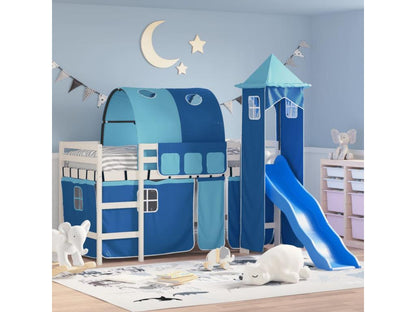 Blue Pine Mezzanine Loft Bed With Tower For Kids 80x200 Cm Solid Wood Space Saving Bedroom Furniture