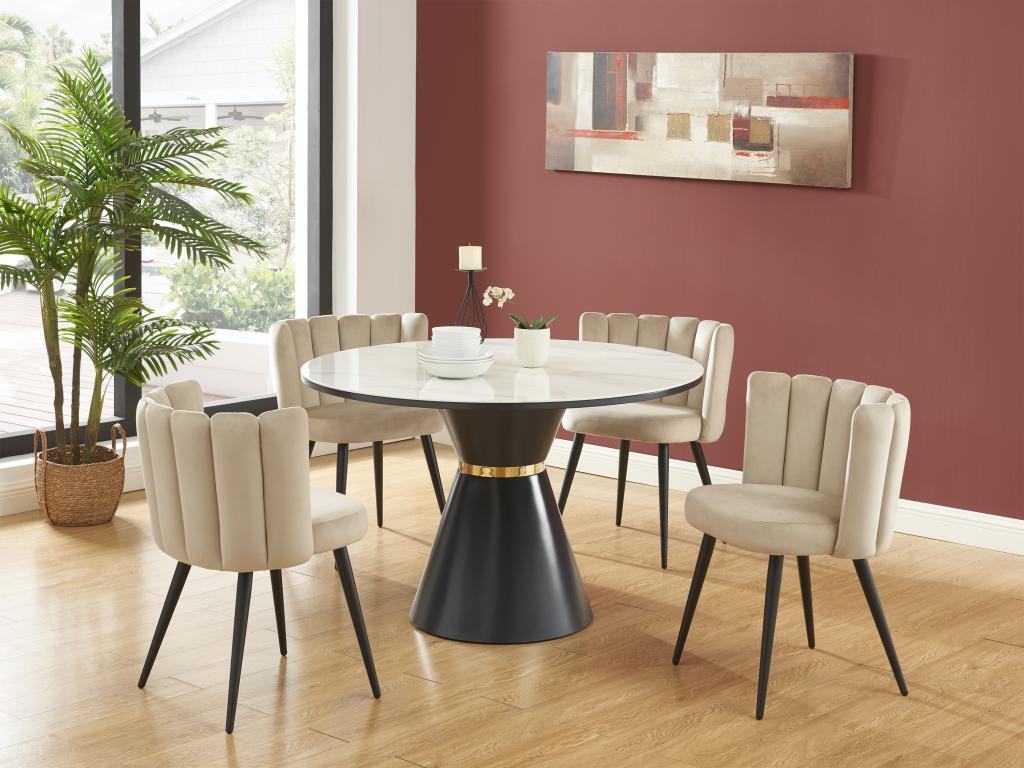 Mobilierdoux MORABITO Six Beige Velvet Dining Chairs With Black Metal Frames Plywood Self Assembly