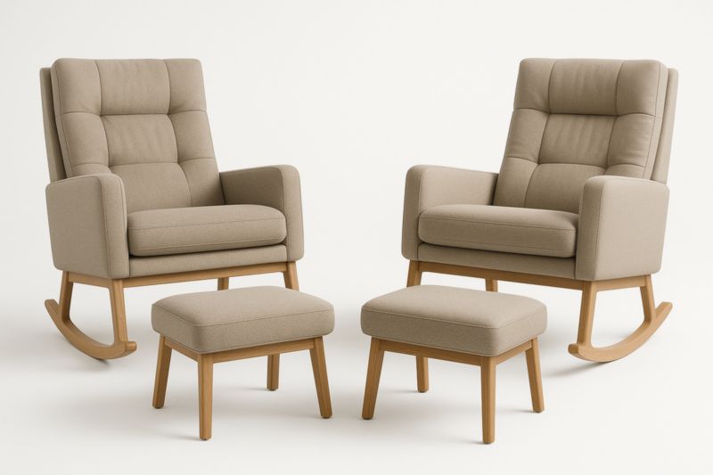 Beige Fabric Rocking Chairs Set With Footrests Beech Frame