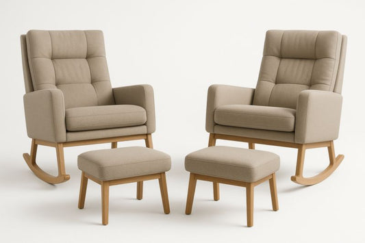 Beige Fabric Rocking Chairs Set With Footrests Beech Frame