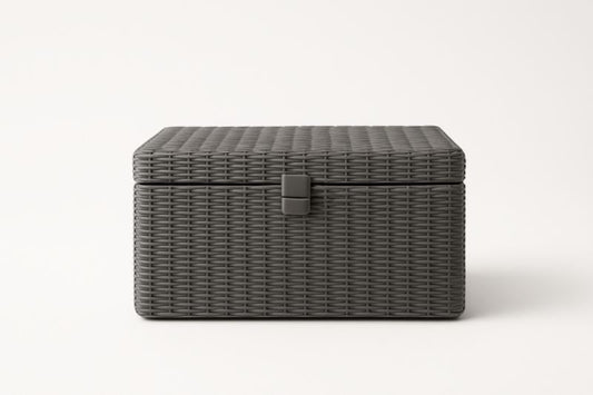 Gray Woven Resin Storage Chest 55x37x30 cm for Home Organization and Décor Ideal for Living Rooms