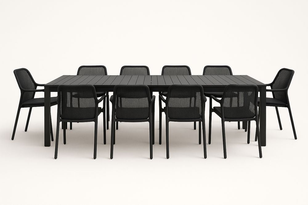 Outdoor Dining Set With Black Aluminum Table And Ten Polypropylene Chairs With Breathable Mesh Upholstery