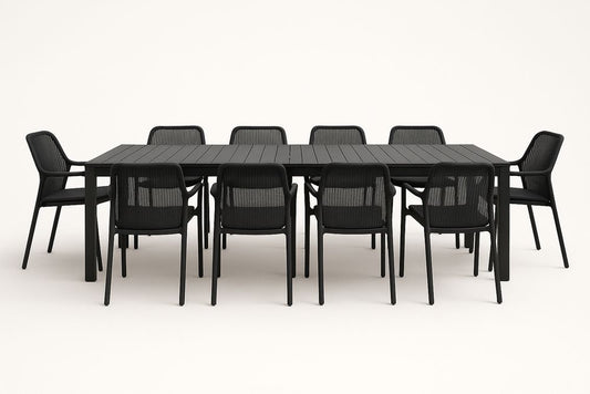 Outdoor Dining Set With Black Aluminum Table And Ten Polypropylene Chairs With Breathable Mesh Upholstery