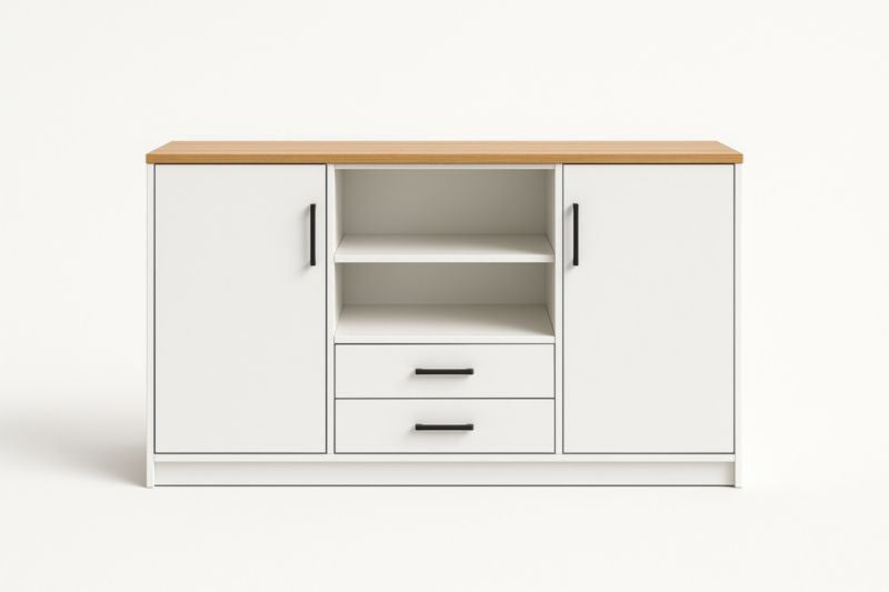 White Wood Buffet Cabinet With Doors And Drawers Melamine Finish Modern Design Particleboard MDF Reinforced Panels
