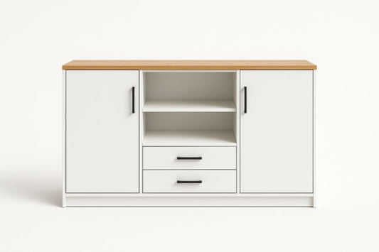 White Wood Buffet Cabinet With Doors And Drawers Melamine Finish Modern Design Particleboard MDF Reinforced Panels