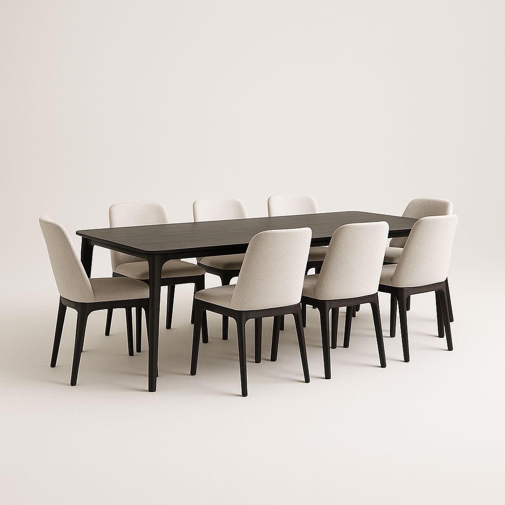 Black Solid Wood Rectangular Dining Table Set With Eight Beige Fabric Chairs For Large Dining Room