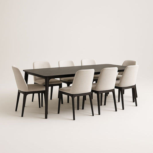 Black Solid Wood Rectangular Dining Table Set With Eight Beige Fabric Chairs For Large Dining Room