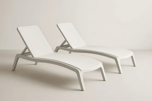 Set Of Two White Polypropylene Adjustable Garden Loungers 190 cm With Multi Position Backrest