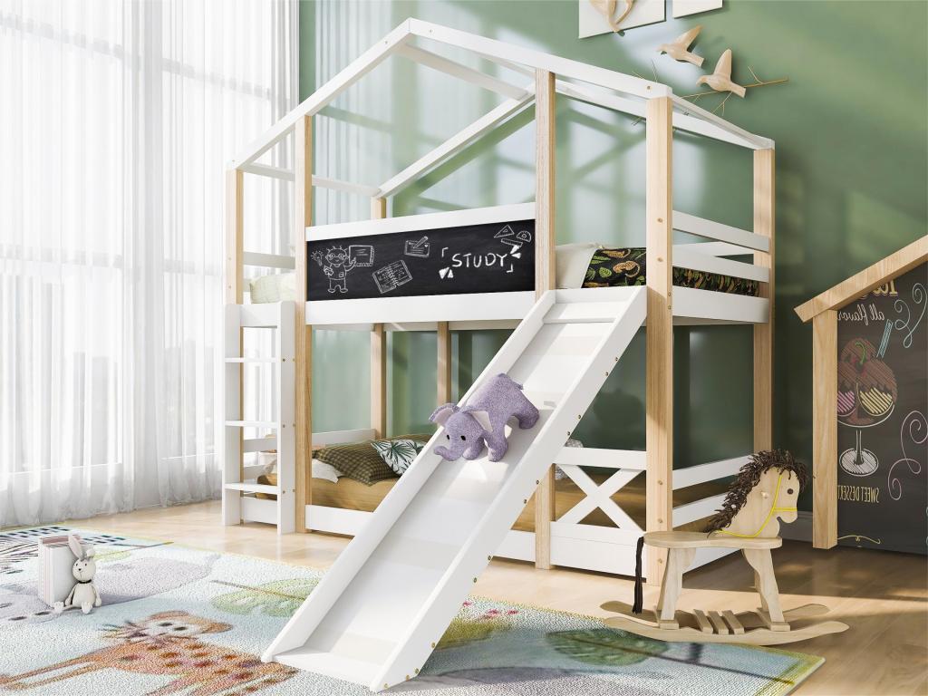 Good For Planet Cabin Bunk Bed 90x200 cm White Pine Frame With Ladder And Slide Sleeps Two