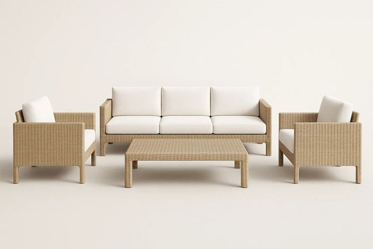 Resin Wicker Patio Set Beige With White Cushions