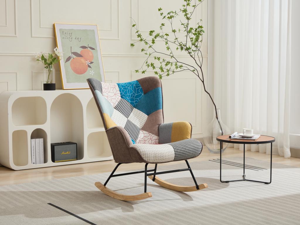 Decovivante II Rocking Chair Multicolored Tweed Fabric Upholstered With Wood Base And Padded Arms