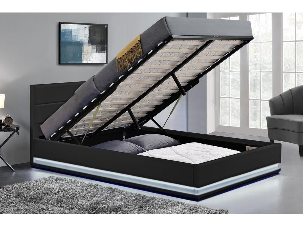 Logisbelle Black PU Bed Frame With Integrated Storage And Led Lighting 140x190 Cm