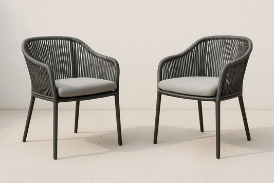 Dark Gray Synthetic Rope Outdoor Chairs With Stainless Steel Frame And Light Gray Cushions Set Of 2