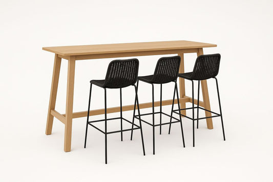 Light Oak Rectangular Kitchen Height Table With Three Black Steel Stools Dining Set 180x70x105 cm