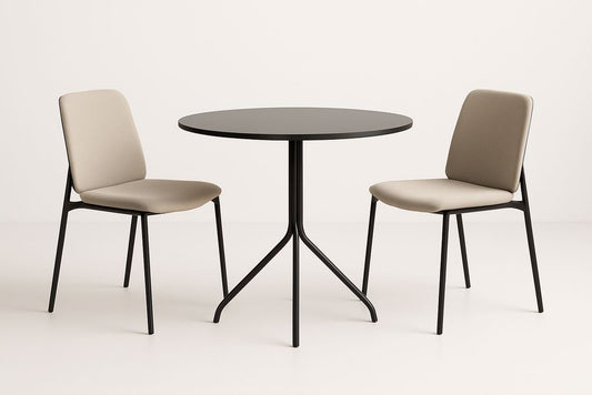 Unbranded Black Steel Round Dining Table With Two Beige Fabric Chairs For Small Kitchens