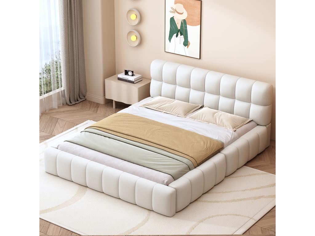 Kids Double Bed 140x200 cm With Padded Headboard And Upholstered Frame Linen Beige Mattress Not Included