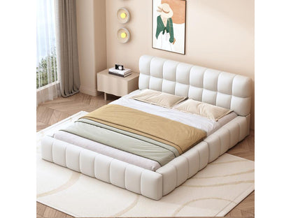 Kids Double Bed 140x200 cm With Padded Headboard And Upholstered Frame Linen Beige Mattress Not Included