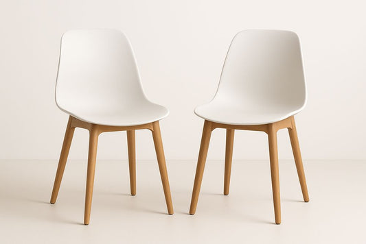Set Of 2 White Plastic Chairs With Wood Legs