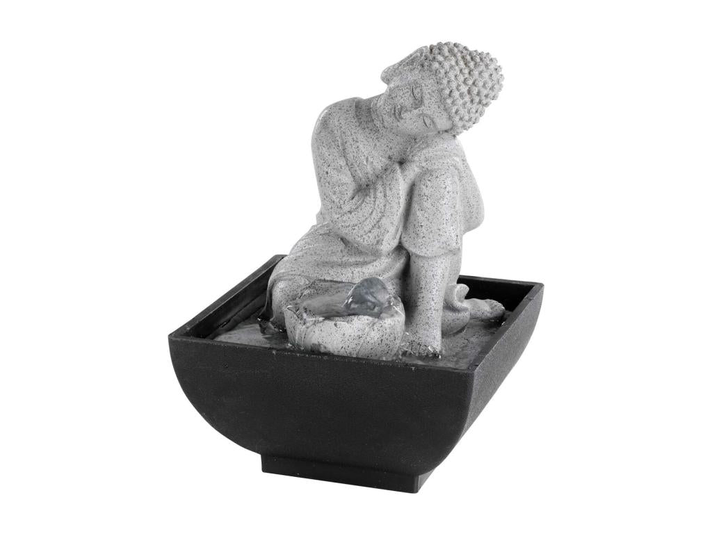 Mobiliazen Polyresin Seated Buddha Indoor Statue Gray Finish For Home Decor Fine Robe Detailing Serene Facial Expression