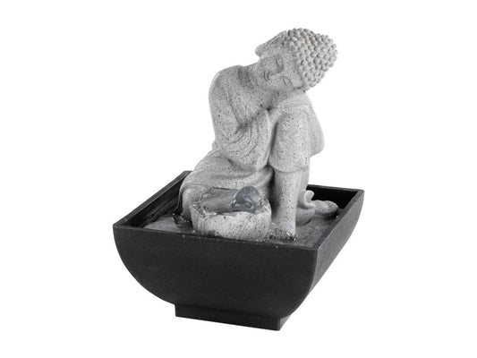 Mobiliazen Polyresin Seated Buddha Indoor Statue Gray Finish For Home Decor Fine Robe Detailing Serene Facial Expression