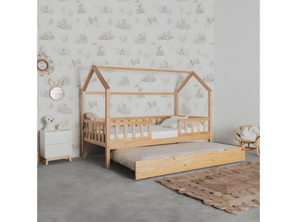 Pine Wood Cabin Bed With Guard Rails And Folding Legs 90x190cm Beige Finish For Kids And Guest Rooms