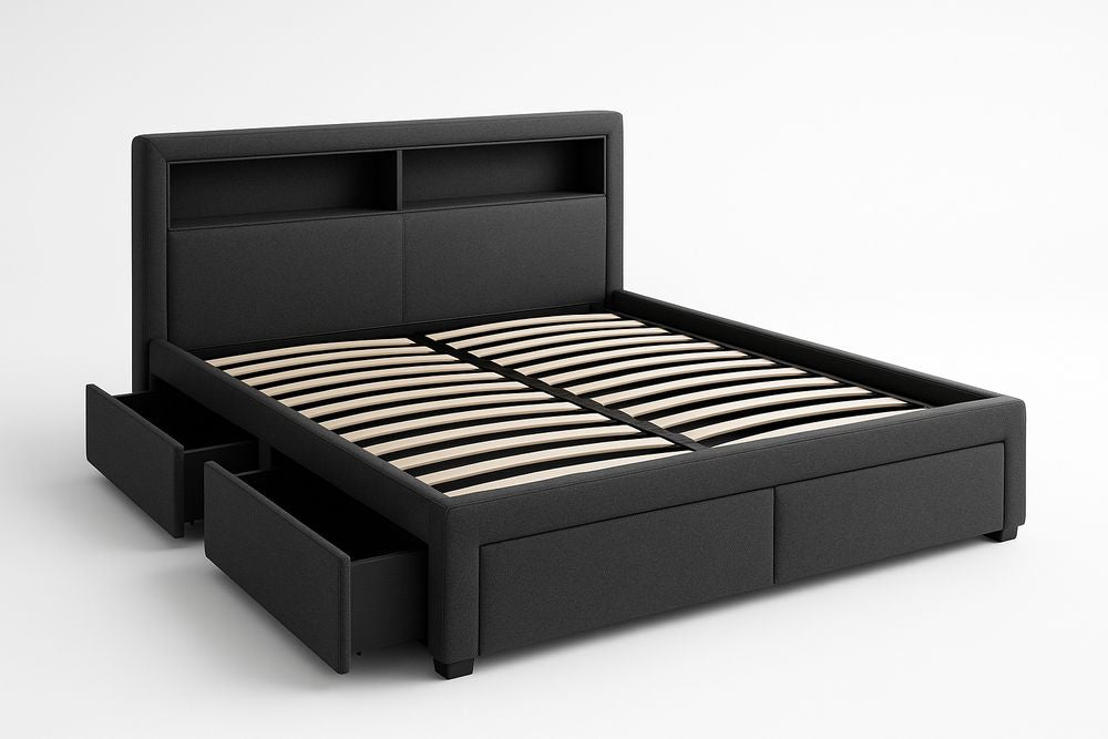 Black Fabric Upholstered Double Bed With Two Drawers 200x160 Cm Modern Storage Bed Frame