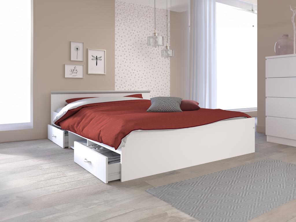 Boivana White Storage Bed Frame 140x190 Cm With Two Drawers And One Niche For Efficient Bedroom Organization