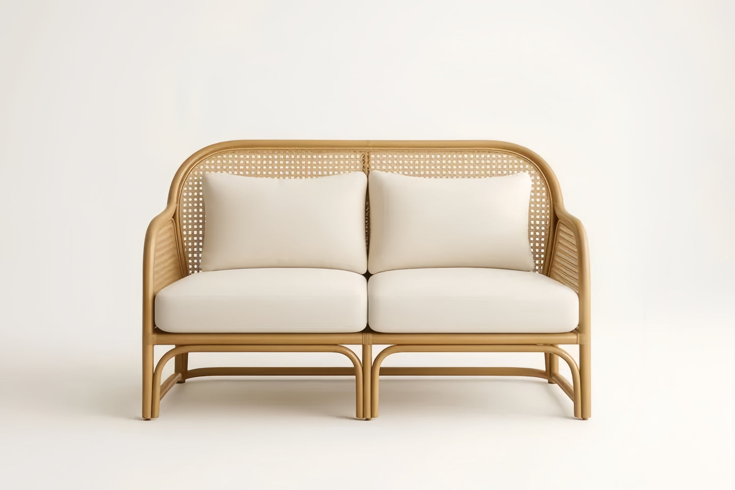 Two Seat Rattan Sofa With Linen Cushions Natural Beige Frame For Living Room Indoor Use