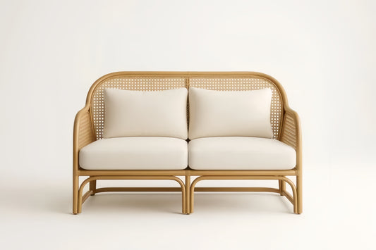 Two Seat Rattan Sofa With Linen Cushions Natural Beige Frame For Living Room Indoor Use