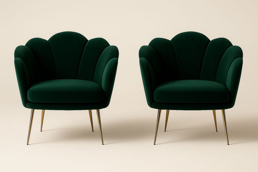 Set of 2 Green Velvet Lounge Chairs With Gold Finish Steel Legs And Solid Wood Frame