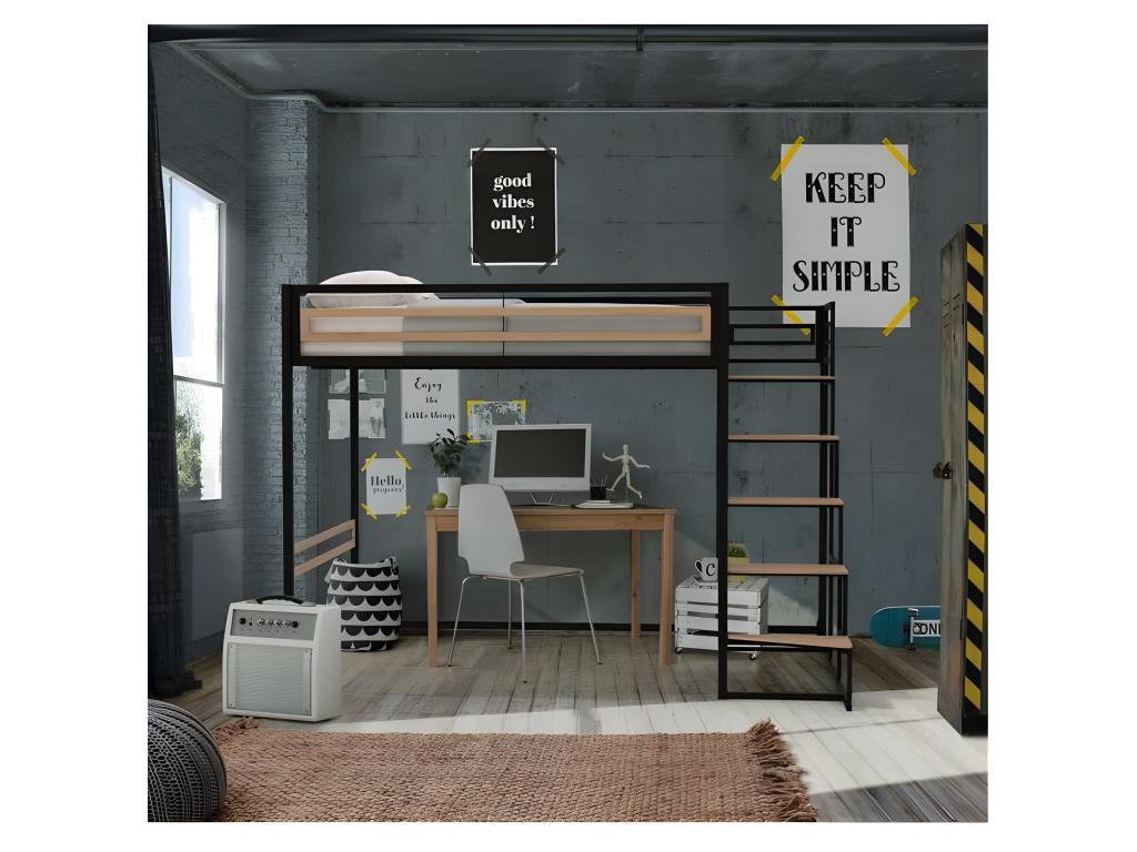 Logismaison Metal Loft Bed Black 140x190 Centimeters With Slatted Base Included For Two Occupants