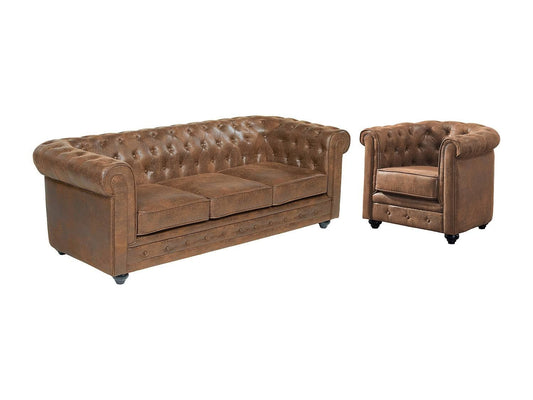 Unique Sale Chesterfield Microfiber Sofa And Armchair Set 3-Seater Aged Leather Look