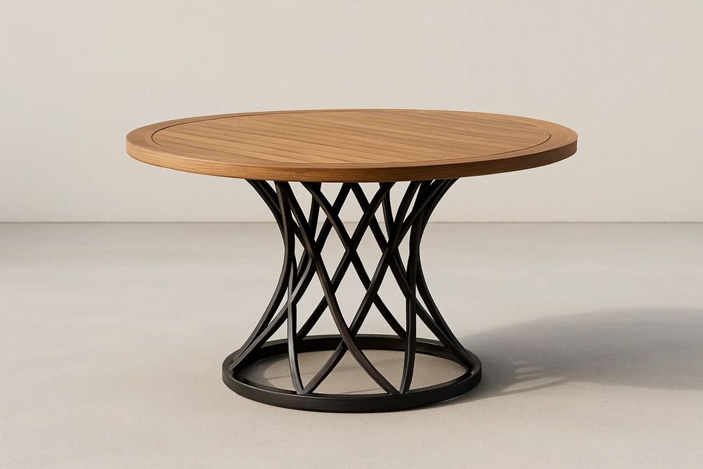 Round Solid Wood Coffee Table With Black Stainless Steel Frame 100 Cm Diameter Modern Living Room Decor