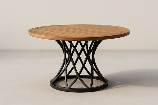 Round Solid Wood Coffee Table With Black Stainless Steel Frame 100 Cm Diameter Modern Living Room Decor