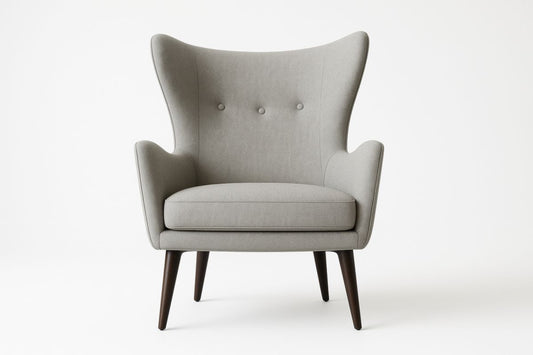 Gray Fabric Armchair With Solid Oak Legs Button Tufted High Back Durable Polyester