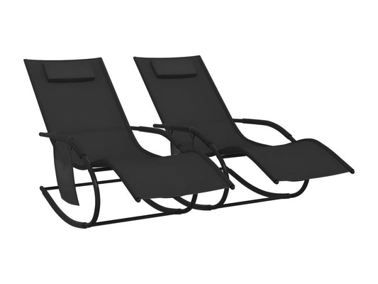Outdoor Rocking Lounge Chairs Set Of 2 Black Steel Textilene Seats Weather Resistant