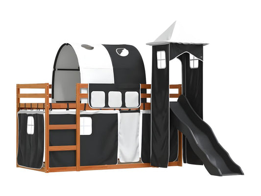 Loft Bed With Slide And Curtains White And Black 90x190 cm Wooden Frame For Kids Space Saving