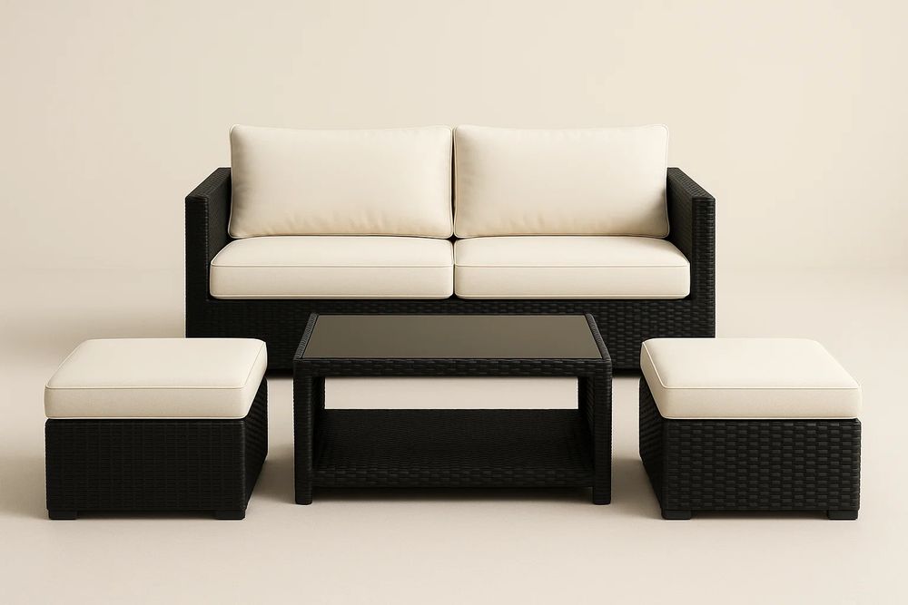 Outdoor Synthetic Rattan Lounge Set With Black And Cream Cushions And Tempered Glass Table