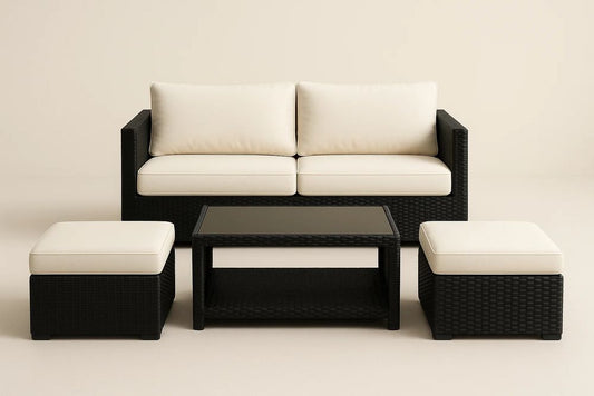 Outdoor Synthetic Rattan Lounge Set With Black And Cream Cushions And Tempered Glass Table